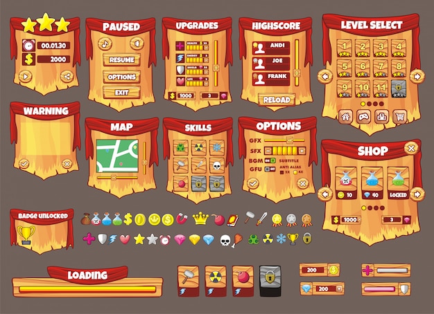 Interface Spieldesign. Alle Bildschirme, die Sie für Ihr Spiel benötigen