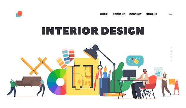 Interior design landing page template digitale kunst kreativer beruf winzige grafikdesigner-figuren im riesigen apartment-layout arbeiten am pc erstellen sie einrichtungs-cartoon-menschen-vektor-illustration