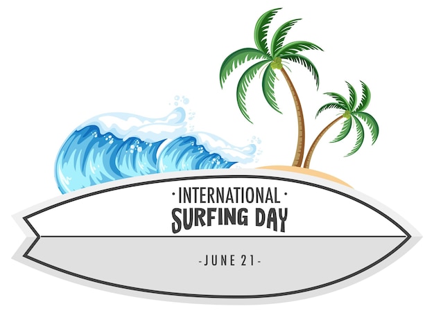 International surfing day schriftart auf surfbrettbanner mit tropischem strandelement