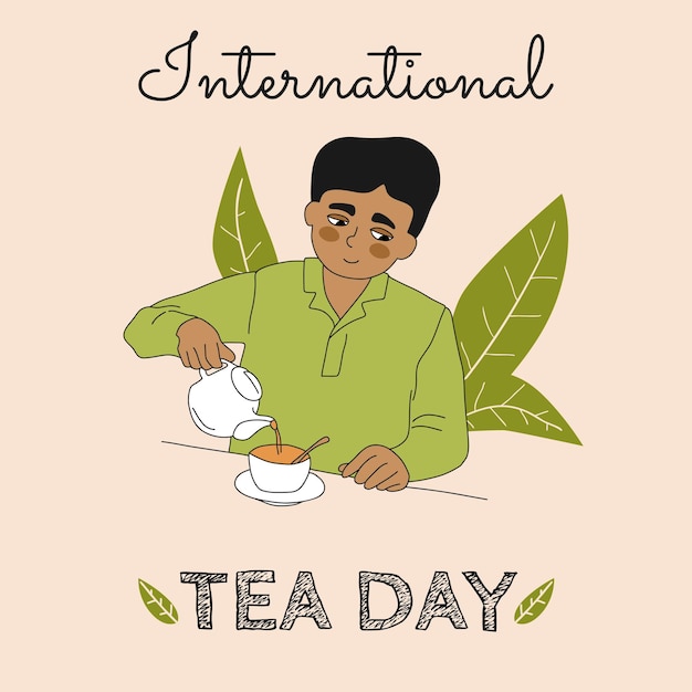 International tea day doodle konzept süßer mann, der sich mit einer tasse tee entspannt guy gießt tee aus teekanne