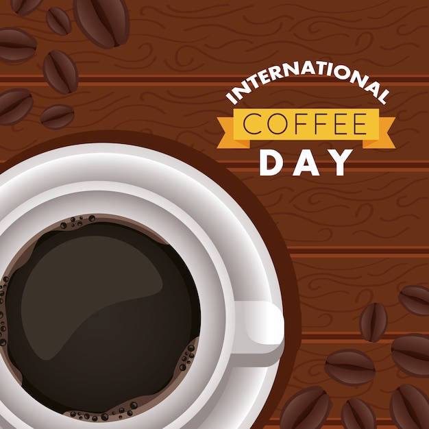 Internationale kaffeetagsfeier mit luftansicht der tasse und der bohnen im hölzernen hintergrund