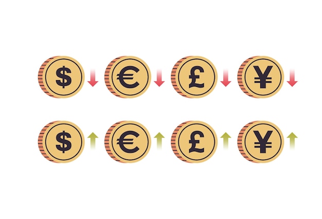 Internationale währungsmünzen und dollar, euro, pfund, yen mit pfeilen nach oben und unten auf weiß