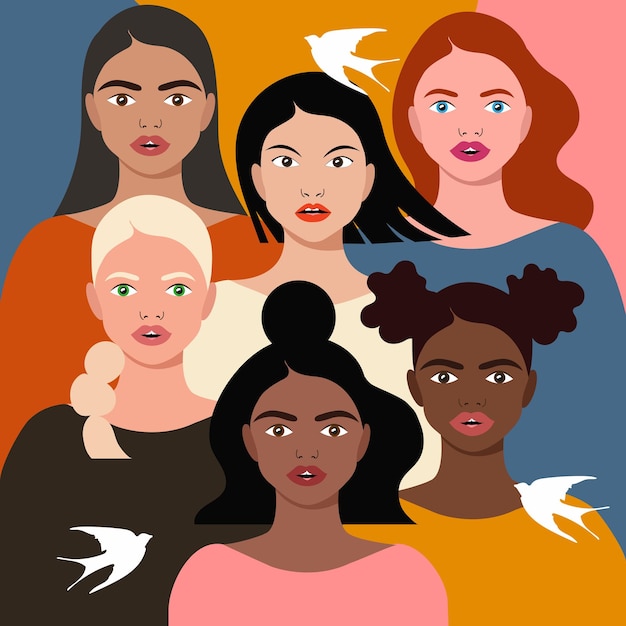 Internationaler Frauentag, 8. März. Diversity-Konzept für Frauen. Gruppe multiethnischer weiblicher Charaktere.