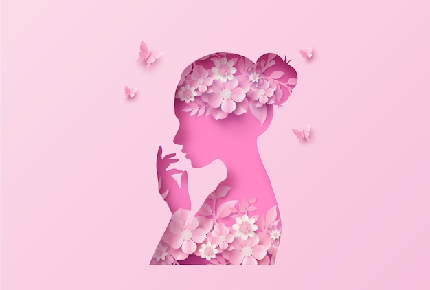 Internationaler Frauentag 8. März mit Rahmen der Blume und der Blätter, Papierkunstart.