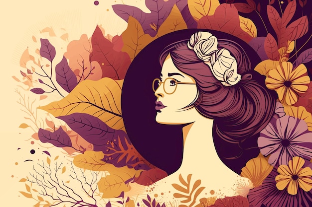 Internationaler Frauentag Hintergrund EINE Frau mit Brille und mit Blumen und Blättern um Vektorillustration EPS 10