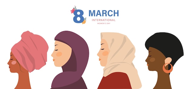 Vektor internationaler frauentag mit gesicht und haar für horizontales banner-design