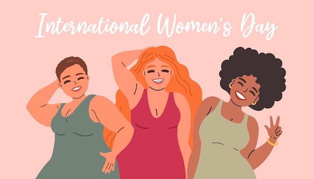 Internationaler frauentag. vektorillustration glücklich lächelnder verschiedener frauen, die zusammenstehen.