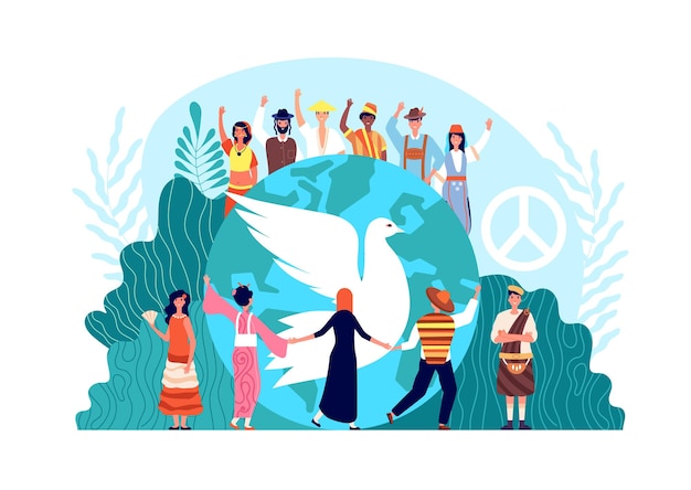 Vektor internationaler friedenstag. globale harmonie, einheit und religion der welt. hoffnung oder liebessymbol, taube und verschiedene menschen zusammen vektorkonzept. hoffnung internationale einheit, weltliebe freiheit illustration