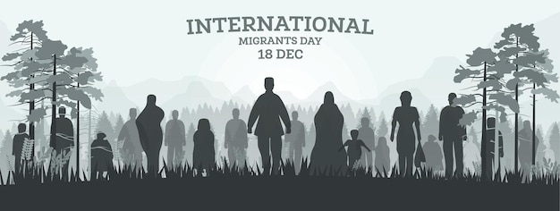 Internationaler Migrantentag 18. Dezember Webbanner mit Silhouetten von Flüchtlingen im Wald