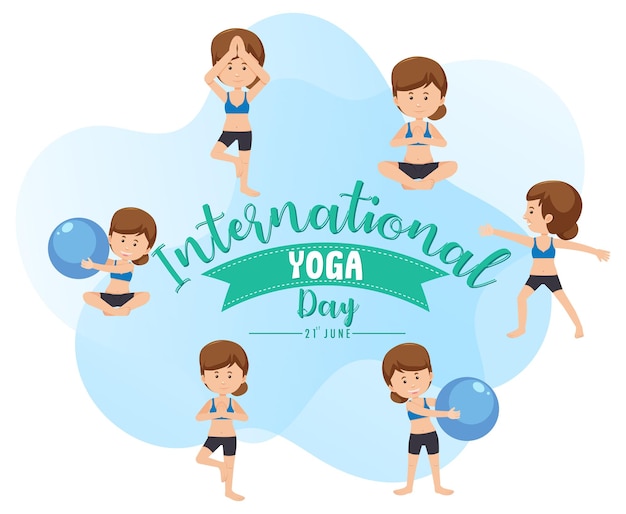 Internationaler yoga-tag-banner mit frau, die verschiedene yoga-posen macht