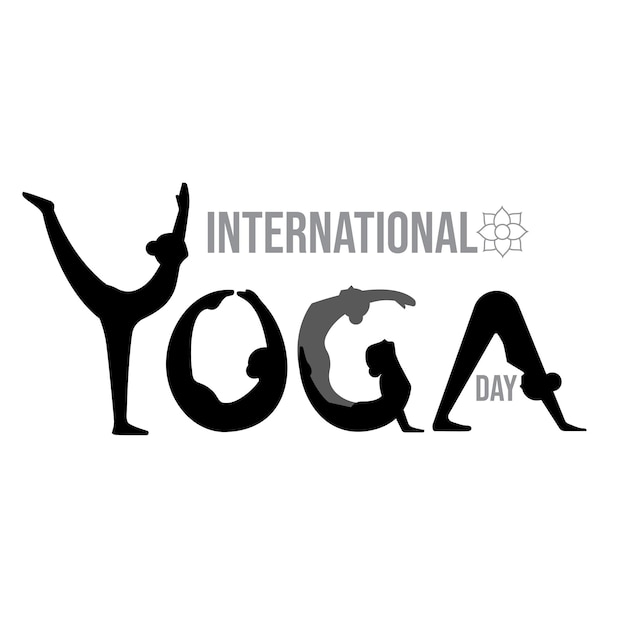 Internationaler Yoga-Tag Silhouette Yoga-Körperhaltung Schriftart Frauen praktizieren Yoga-Vektor-Illustrationsdesign