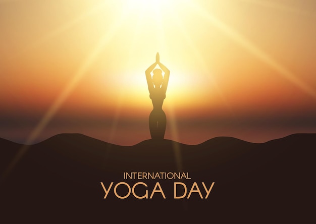 Vektor internationaler yoga-tageshintergrund mit frau in yoga-pose in sonnenuntergangslandschaft