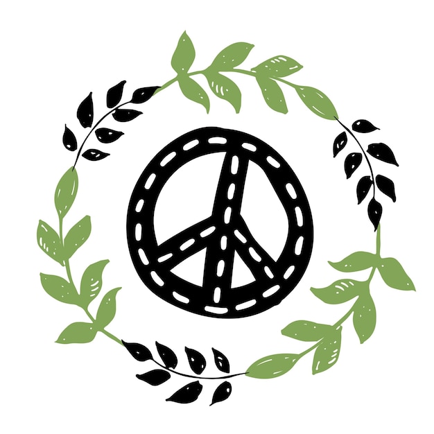 Vektor internationales friedenstag-symbolschild mit floralen blättern und zweigen isoliertes hippie-pazifisten-zeichen