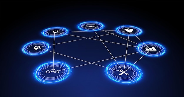 Internet of things (iot) und vernetzungskonzept für vernetzte geräte. spinnennetz von netzwerkverbindungen mit auf einem futuristischen blauen hintergrund. digitales designkonzept. iot-hologramm