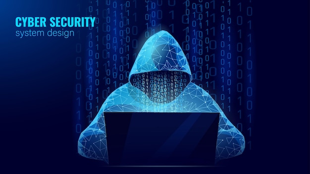 Internet-Sicherheit Cyber-Angriff Geschäftskonzept Low-Poly Anonymer Hacker auf dem Laptop-Computer blaue Finanzgefahr Serverraum-Rack polygonale Punktlinie Punkt geometrisches Design Vektorillustration