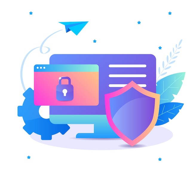 Vektor internet-sicherheitsdatenschutz flaches illustrationskonzept computer mit schutzschild