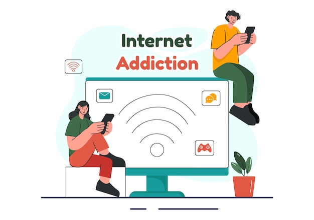 Internet-Sucht-Vektor-Illustration mit jungen Leuten, die süchtig nach der Verwendung von Geräten wie Laptops sind