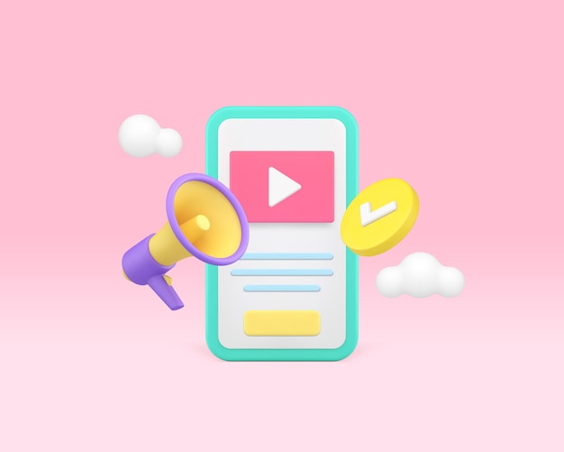 Internet-Video-Marketing-Social-Media-Content-Promo kündigen Smartphone-App 3D-Symbol realistischer Vektor an