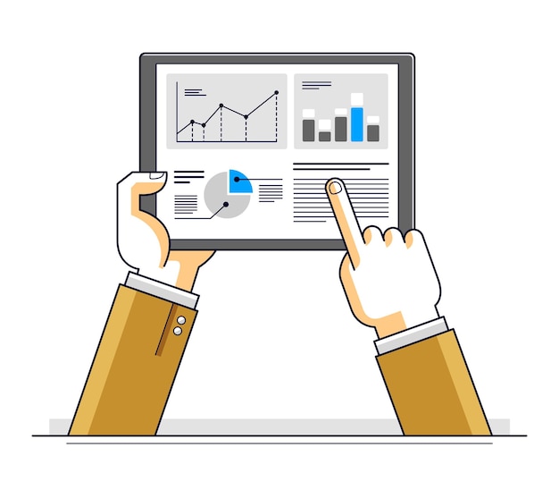 Internetkommunikation und -aktivität, mannhände, die tablets halten und apps verwenden, globales netzwerk, moderne kommunikation, messenger- oder social-media-konzept, vektordesign.