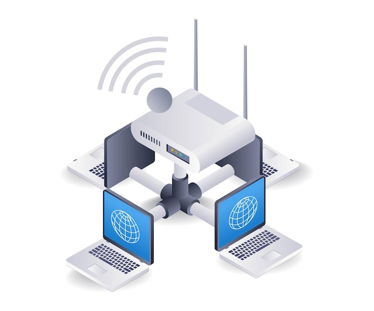Vektor internetrouter-nutzung netzwerkkonzept flache isometrische 3d-illustration