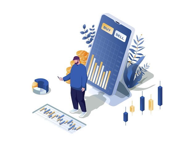 Investieren über Handy-Konzept isometrische 3D-Webszene Menschen, die Investitionen mit Smartphone-Apps tätigen, die den Trendmarkt für Käufe oder Verkäufe analysieren Vektordarstellung in Isometrie-Grafikdesign