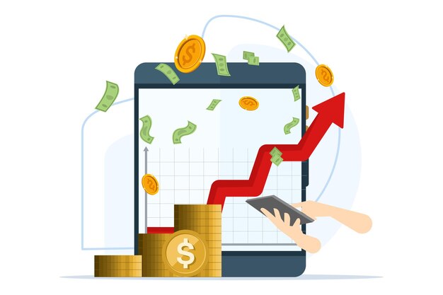 Investitionswachstumskonzept-Illustration oder Computer mit Grafiken zu Geld und Erfolg