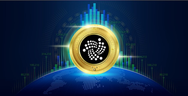 Iota-Coin-Kryptowährung mit Wachstumsdiagramm. Token-Kryptowährung digital auf dem Blockchain-Aktienmarkt