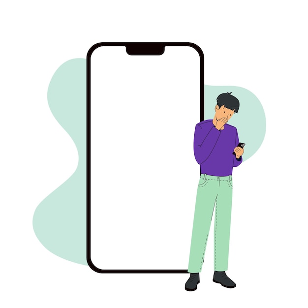 Vektor iphone 14 pro bildschirmvorlage neben einem überraschten mann vektor modern
