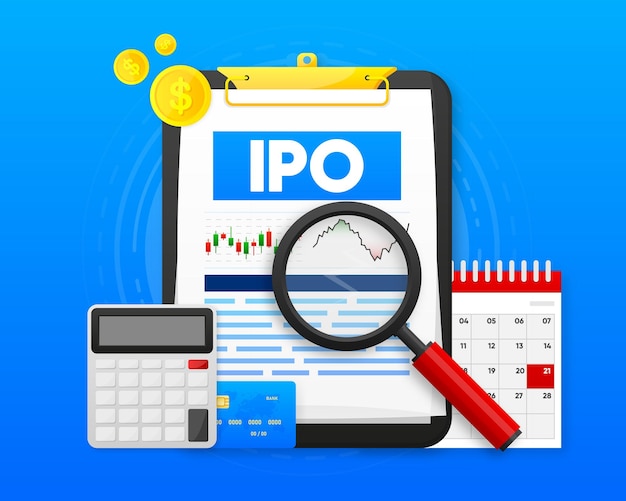 IPO-Konzept IPO ist ein Börsengang Unternehmen geht an die Börse Börse Investition neue Aktien Geschäftsmann Händler Handel mit Aktien bei IPO Vektorillustration