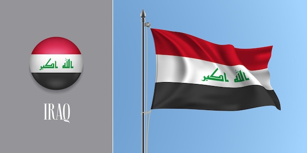 Vektor irak wehende flagge am fahnenmast und runde symbolvektorillustration. realistisches 3d-modell mit design der irakischen flagge und kreistaste