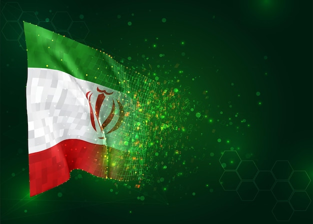 Iran, 3D-Flagge auf grünem Hintergrund mit Polygonen