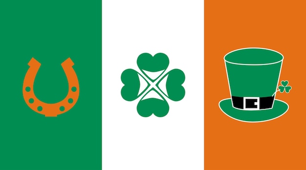 Irische flagge mit symbolen von st. patrick39s day clover horseshoe hat grußkartenvektor