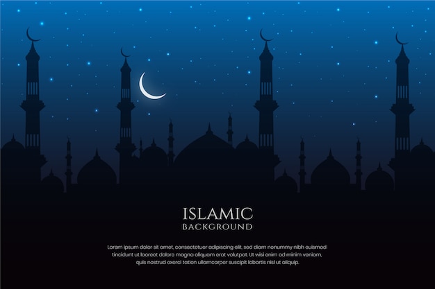 Islamische architektur moschee silhouette nachthimmel und halbmond hintergrund