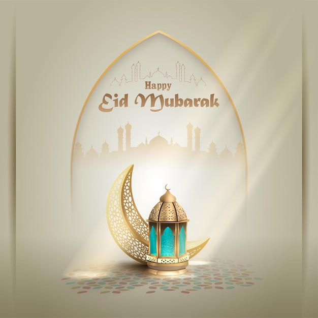 Islamische Eid-Grüßkarte mit einzigartiger goldenblauer Laterne und Halbmonddekoration