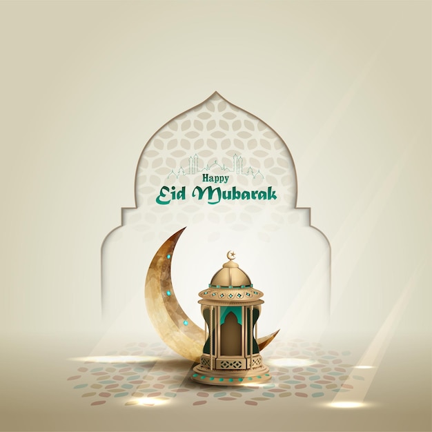 islamische grüße eid mubarak kartendesign mit laterne und halbmond