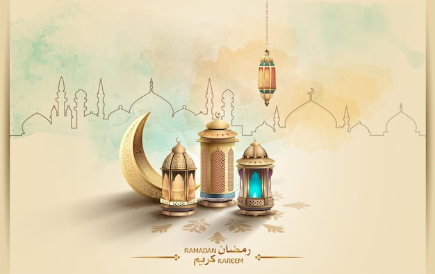 islamische Grüße Ramadan Kareem Kartendesign mit goldenem Halbmond und Laternen