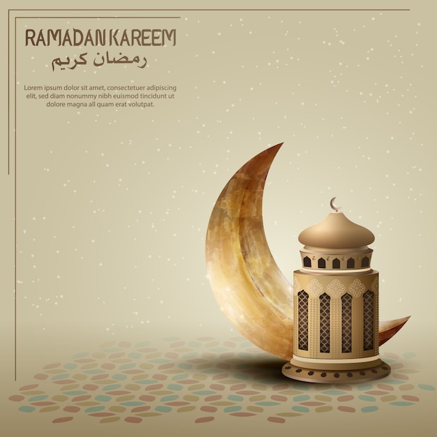 Islamische grußkarte designschablone ramadan kareem mit goldlaterne und halbmond