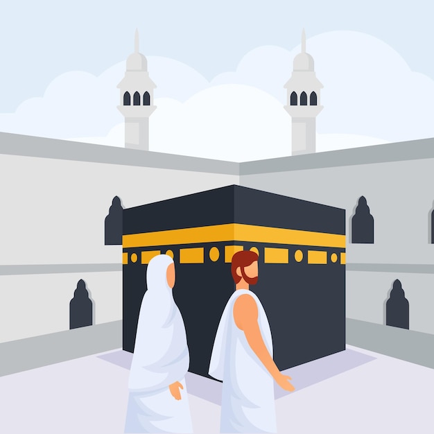 Islamische hadsch-wallfahrt. menschen gehen um die kaaba herum. flache vektorillustration