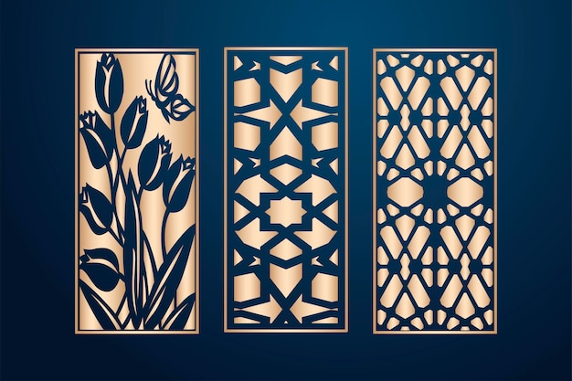 Islamische lasergeschnittene zierplattenvorlagen setzen dekorative spitzenmuster vektor
