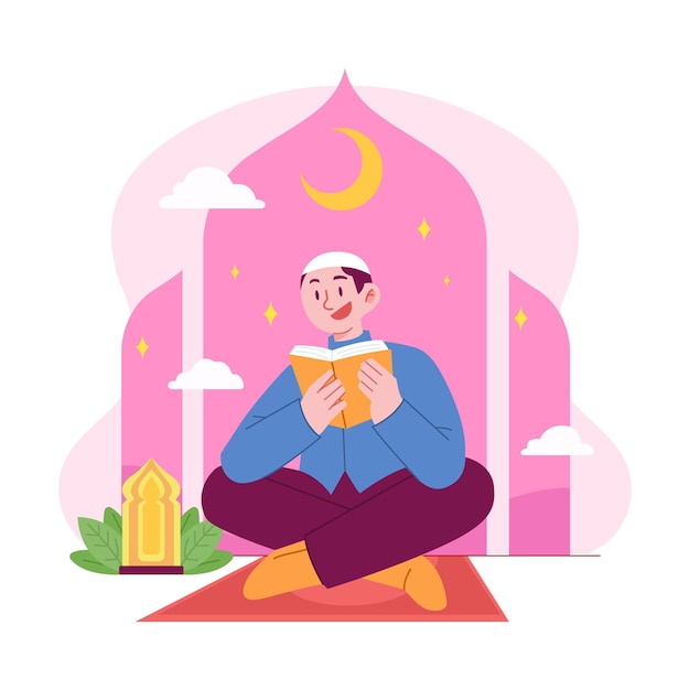 Islamische ramadan kareem flat concept illustration mit menschen, die zu hause koran lesen