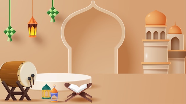 Islamischer Anzeigepodium-Dekorationshintergrund mit islamischer Verzierung Vektor-3D-Illustration