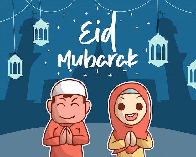 Islamischer eid mubarak gruß mit niedlichem jungen und mädchen