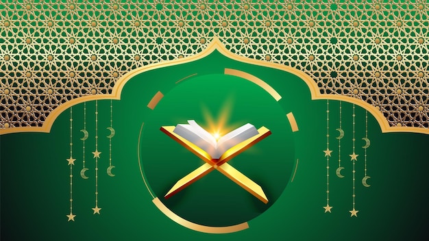 Islamischer grüner und goldener luxusverzierungshintergrund mit koran