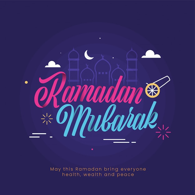 Islamischer heiliger monat des ramadan mubarak-konzepts mit buntem text und strichgrafikillustration von moschee, halbmond und wolken.