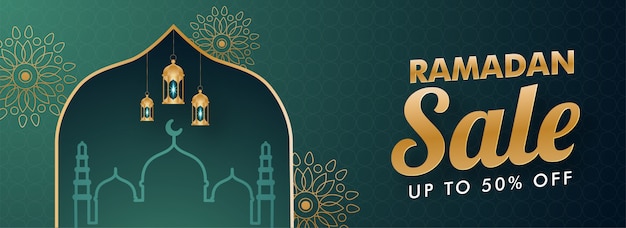 Islamischer heiliger Monat des Ramadan-Verkaufsbanners mit Moschee und hängender goldener Laternenillustration auf blaugrünem grünem Hintergrund.