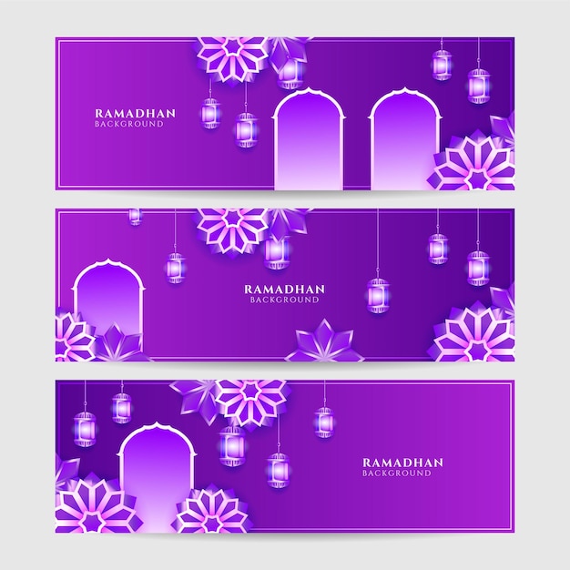 Islamischer ramadan-kareem-banner-hintergrund mit halbmondmuster mondstern-moschee-laterne vektor-illustration ramadhan bunter, breiter banner-design-hintergrund