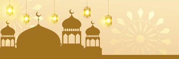 Islamischer ramadan kareem-banner-hintergrund mit halbmondmuster mondstern-moschee-laterne vektor-illustration ramadhan gelbgold bunter breiter banner-design-hintergrund