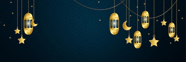 Vektor islamischer ramadan-kareem-banner-hintergrund mit halbmondmuster mondstern-moschee-laterne vektor-illustration ramadhan-laterne dunkelblau gold bunter breiter banner-design-hintergrund