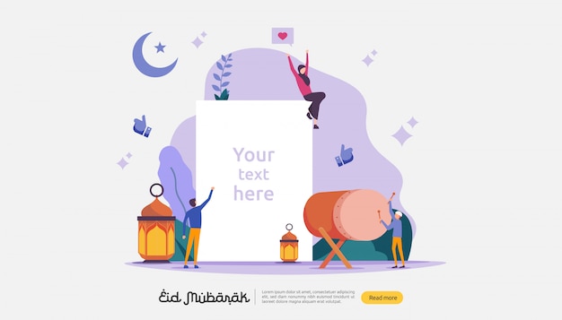 Vektor islamisches designillustrationskonzept für glücklichen eid mubarak oder ramadan-gruß mit personencharakter.