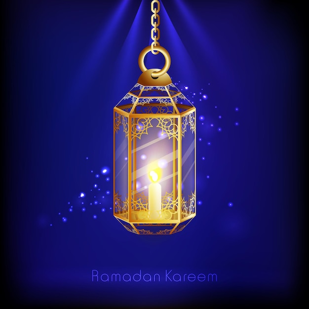 Islamisches fest ramadan kareem feierkonzept mit leuchtender kerzenlampe hängen auf blauen strahlen hintergrund